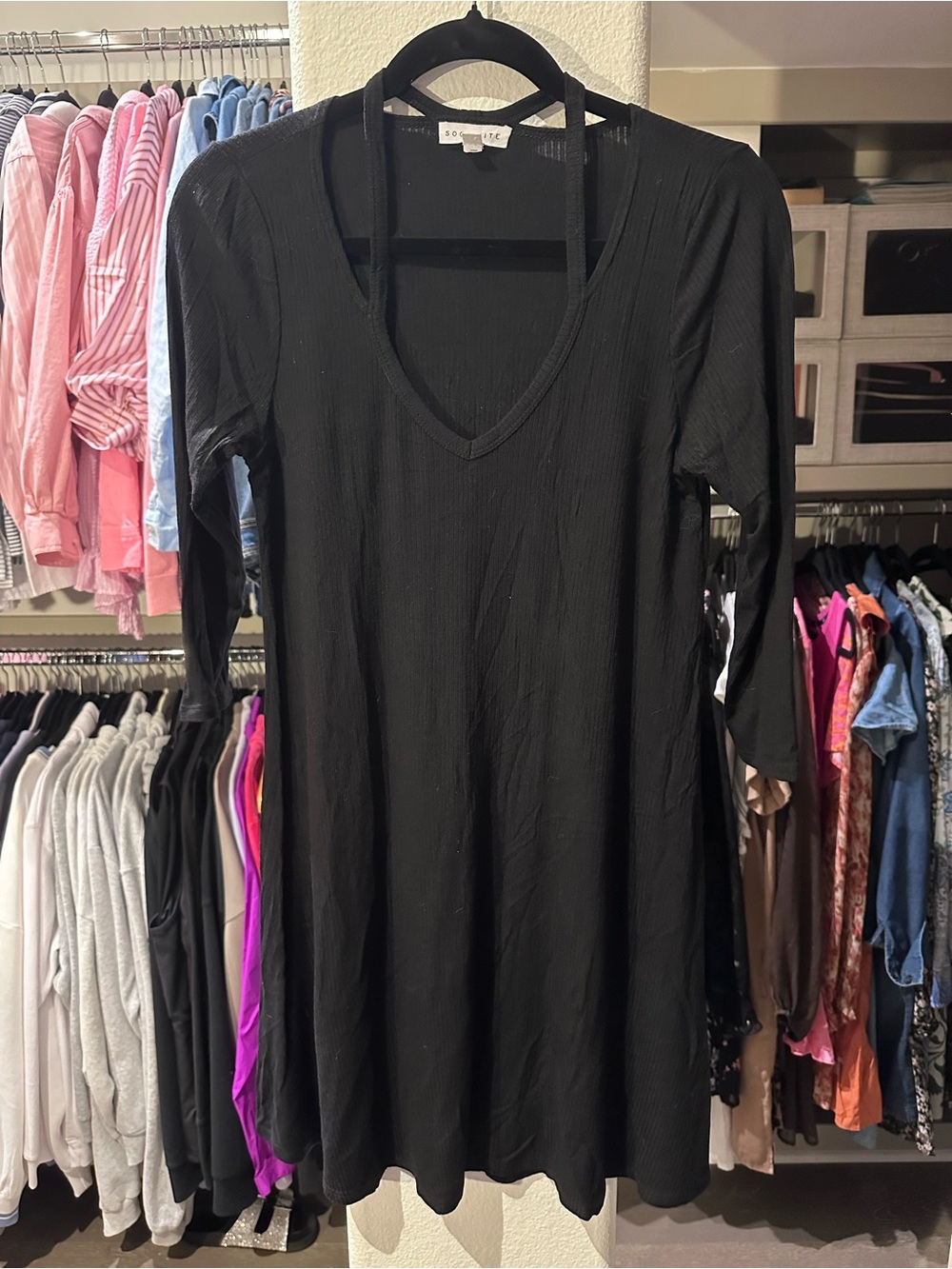 Black V-Neck Long Sleeve Mini Swing Dress